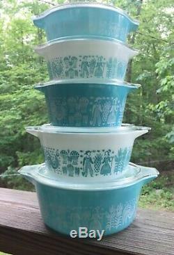 10 Pc Pyrex Amish BUTTERPRINT Turquoise Blue Casserole Dishes with Lids #471-475b