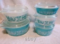 10 Pcs Pyrex Amish Butterprint Casseroles & Lids Turquoise White Complete Set