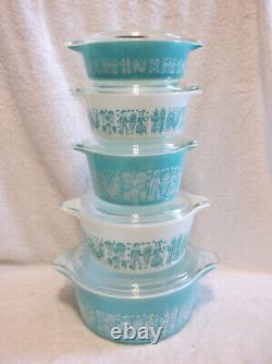 10 Pcs Pyrex Amish Butterprint Casseroles & Lids Turquoise White Complete Set