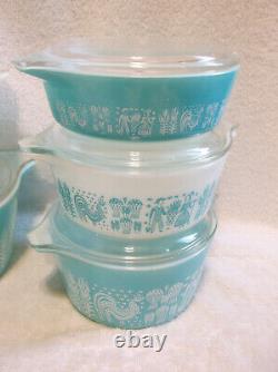 10 Pcs Pyrex Amish Butterprint Casseroles & Lids Turquoise White Complete Set