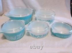 10 Pcs Pyrex Amish Butterprint Casseroles & Lids Turquoise White Complete Set