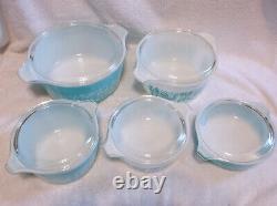 10 Pcs Pyrex Amish Butterprint Casseroles & Lids Turquoise White Complete Set