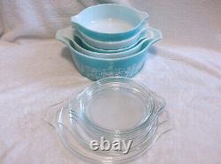 10 Pcs Pyrex Amish Butterprint Casseroles & Lids Turquoise White Complete Set