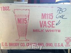12 Vintage E. O. Brody White Milk Glass Hobnail Trumpet Vase Mid century Modern