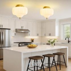 14 Inch Vintage Gold Schoolhouse Semi Flush Mount Ceiling Light Milk Glass White