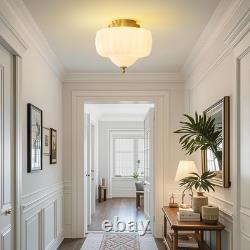 14 Inch Vintage Gold Schoolhouse Semi Flush Mount Ceiling Light Milk Glass White