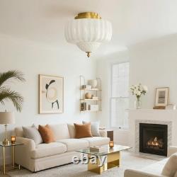 14 Inch Vintage Gold Schoolhouse Semi Flush Mount Ceiling Light Milk Glass White