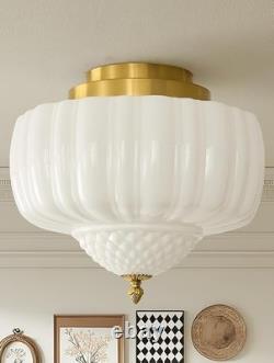 14 Inch Vintage Gold Schoolhouse Semi Flush Mount Ceiling Light Milk Glass White