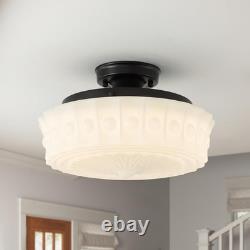 14 Milk Glass Schoolhouse Light Fixture, Vintage Black Flush Mount Ceiling Ligh