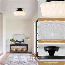 14 Milk Glass Schoolhouse Light Fixture, Vintage Black Flush Mount Ceiling Ligh