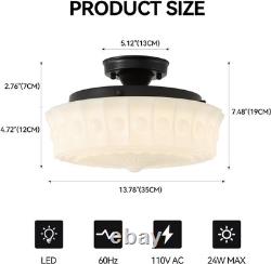 14 Milk Glass Schoolhouse Light Fixture, Vintage Black Flush Mount Ceiling Ligh