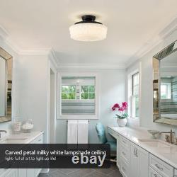 14 Milk Glass Schoolhouse Light Fixture, Vintage Black Flush Mount Ceiling Ligh