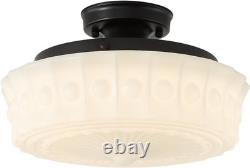 14 Milk Glass Schoolhouse Light Fixture, Vintage Black Flush Mount Ceiling Ligh