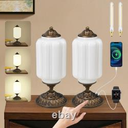 14 Milk Glass Touch Table Lamps Set of 2 with USB C+A Charging Ports 3-Way Di