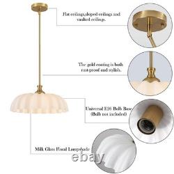 15.7 Vintage Flower Gold Chandelier Adjustable Height White Milk Glass Sha