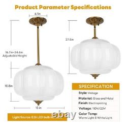 15in White Milk Glass Ceiling Light Fixture, LED Bulb Included, Vintage Semi