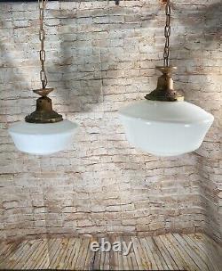 16 & 12 Antique Milk Glass Hanging Pendant Light Fixtures Store Schoolhouse