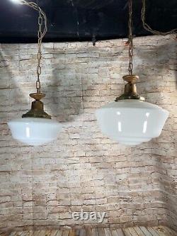 16 & 12 Antique Milk Glass Hanging Pendant Light Fixtures Store Schoolhouse