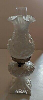 18 Inch Tall 5 Piece Fenton White Poppy Oil Lamp Milk Glass