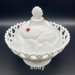 1889 Atterbury Milk Glass Entwined Fish Covered Dish Set Red Eyes 19th Century