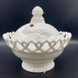 1889 Atterbury Milk Glass Entwined Fish Covered Dish Set Red Eyes 19th Century