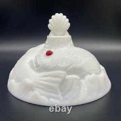 1889 Atterbury Milk Glass Entwined Fish Covered Dish Set Red Eyes 19th Century