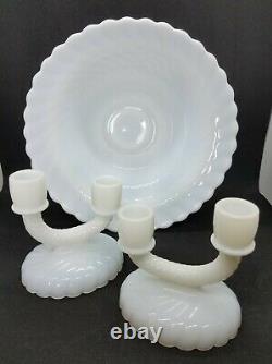 1920s Newbound Imperial Glass Co Milk Swirl Console Set Bowl and Candleholders