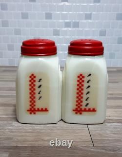 1930's McKee Roman Arch Custard Yellow Glass Shakers 2Set w Red Checkered Decals