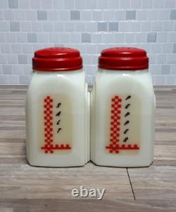 1930's McKee Roman Arch Custard Yellow Glass Shakers 2Set w Red Checkered Decals