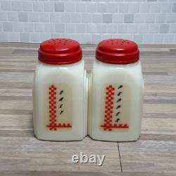 1930's McKee Roman Arch Custard Yellow Glass Shakers 2Set w Red Checkered Decals
