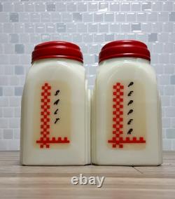 1930's McKee Roman Arch Custard Yellow Glass Shakers 2Set w Red Checkered Decals