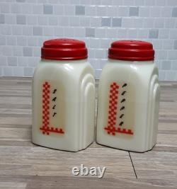 1930's McKee Roman Arch Custard Yellow Glass Shakers 2Set w Red Checkered Decals