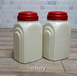 1930's McKee Roman Arch Custard Yellow Glass Shakers 2Set w Red Checkered Decals