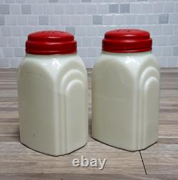 1930's McKee Roman Arch Custard Yellow Glass Shakers 2Set w Red Checkered Decals