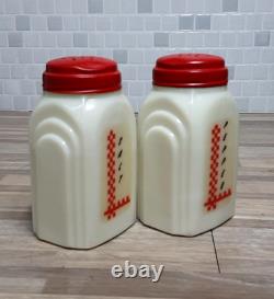 1930's McKee Roman Arch Custard Yellow Glass Shakers 2Set w Red Checkered Decals