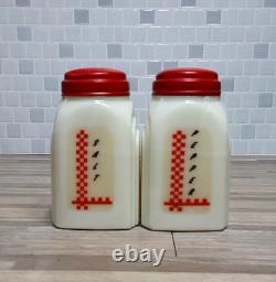 1930's McKee Roman Arch Custard Yellow Glass Shakers 2Set w Red Checkered Decals