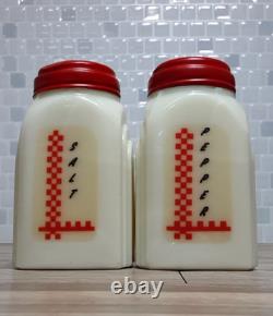 1930's McKee Roman Arch Custard Yellow Glass Shakers 2Set w Red Checkered Decals