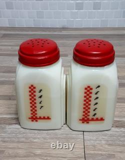 1930's McKee Roman Arch Custard Yellow Glass Shakers 2Set w Red Checkered Decals