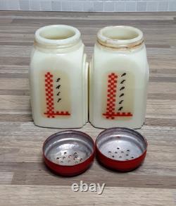 1930's McKee Roman Arch Custard Yellow Glass Shakers 2Set w Red Checkered Decals