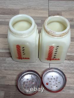 1930's McKee Roman Arch Custard Yellow Glass Shakers 2Set w Red Checkered Decals