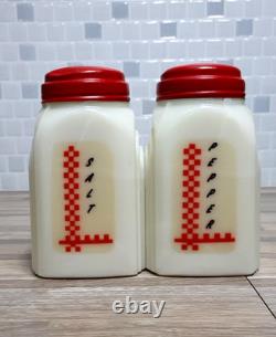 1930's McKee Roman Arch Custard Yellow Glass Shakers 2Set w Red Checkered Decals