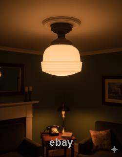 1930s Art Deco White Milk Glass Stepped Ceiling Light Fixture 13.5 x 12