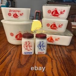 1930s Complete McKee refrigerator set with drippings jar, mixing bowl & shakers