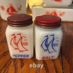 1930s Complete McKee refrigerator set with drippings jar, mixing bowl & shakers