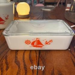 1930s Complete McKee refrigerator set with drippings jar, mixing bowl & shakers