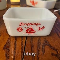 1930s Complete McKee refrigerator set with drippings jar, mixing bowl & shakers
