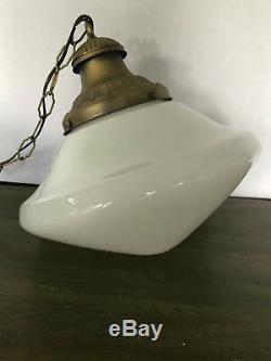 1940s Antique Schoolhouse Milk Glass Pendant Light