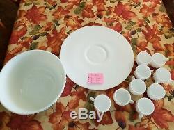1950's Fenton Milk Glass Hobnail Punch Bowl, Torte Plate And 9 Cups