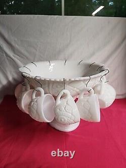 1950's Thatcher McKee White Milk Glass Punch Bowl Concord 28pc set WithHangers