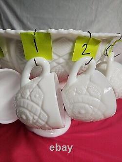 1950's Thatcher McKee White Milk Glass Punch Bowl Concord 28pc set WithHangers